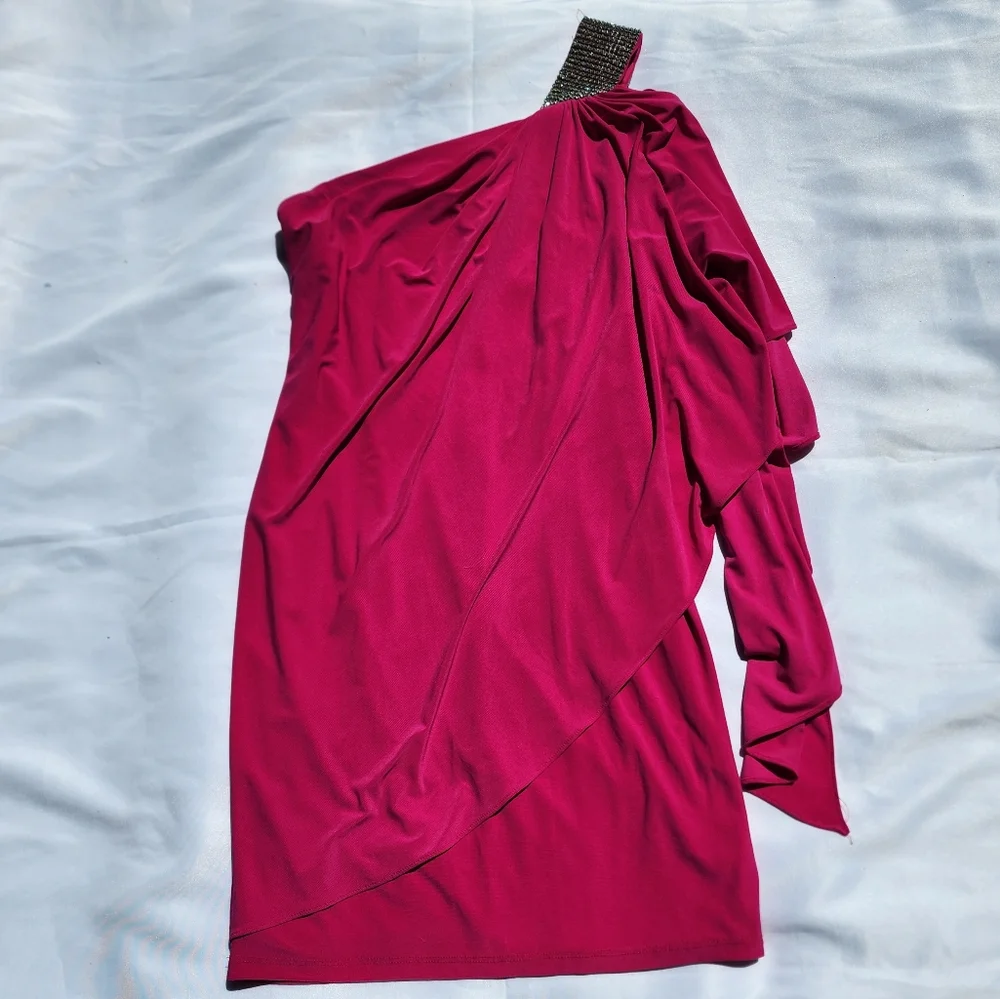 Cache One Shoulder Rhinestone Pink Dress‎ Size 2